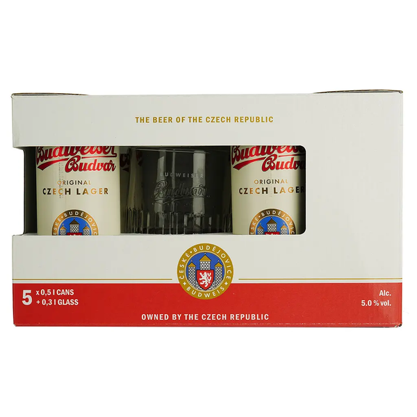 Подарочный набор пиво Budweiser Budvar original 5 банок*0.5л+кружка 0.3л